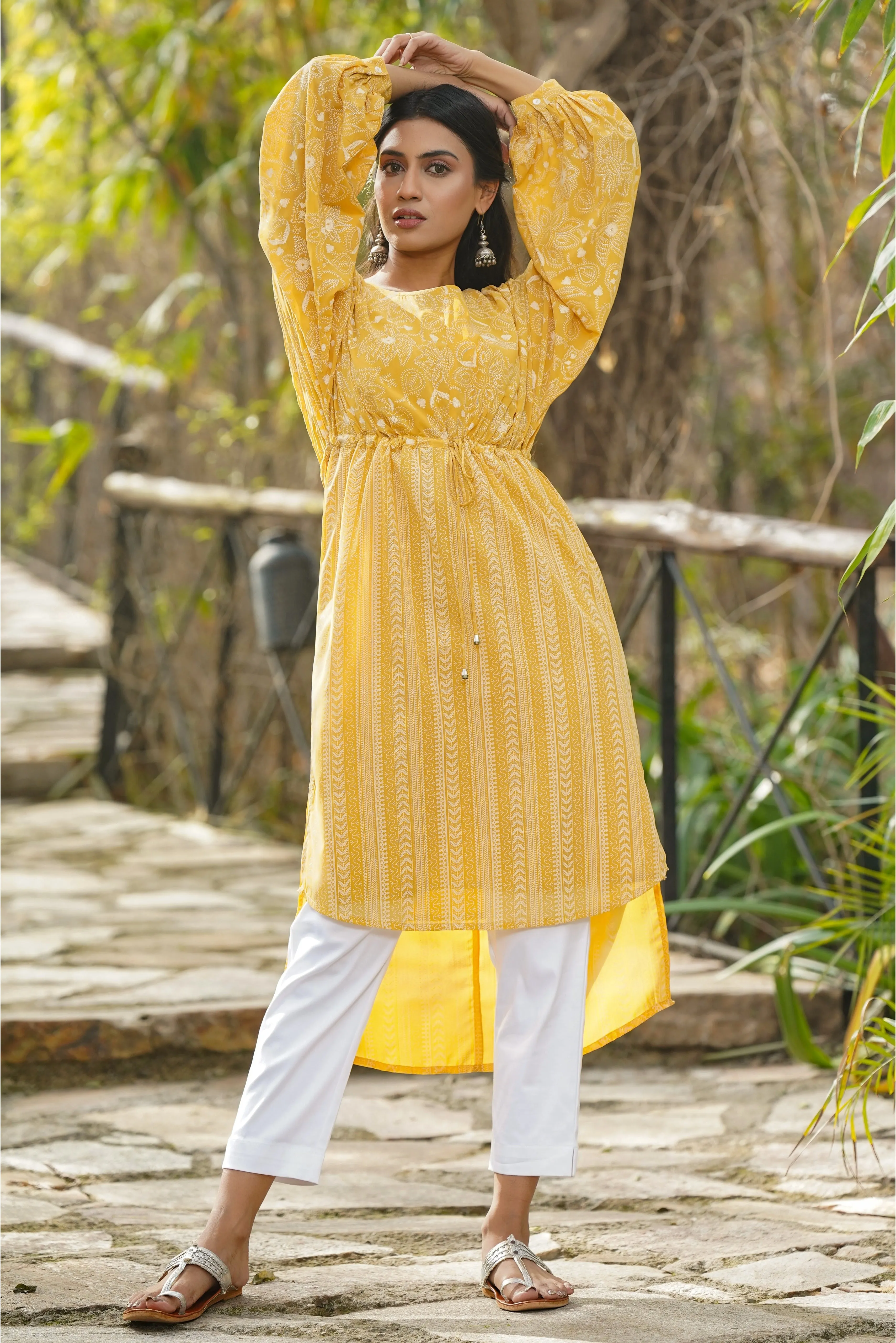 Women Yellow Georgette Printed Tunic