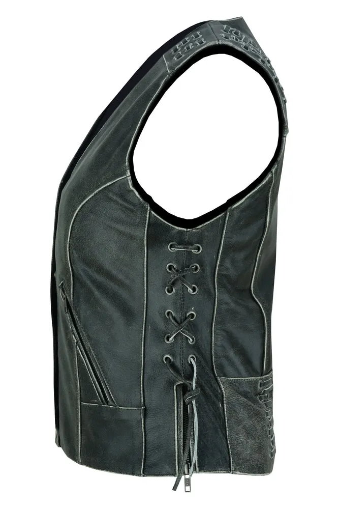 Women's Gray Vest with Grommet and Lacing Accents