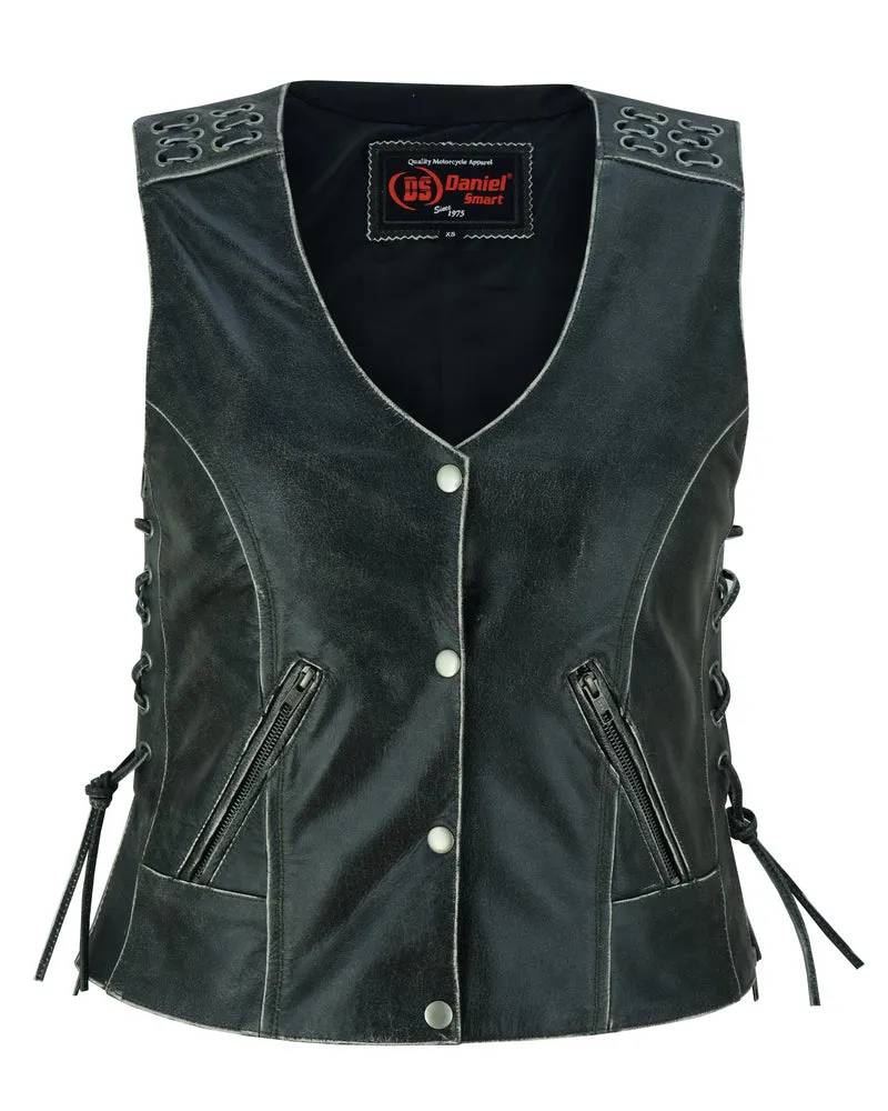 Women's Gray Vest with Grommet and Lacing Accents