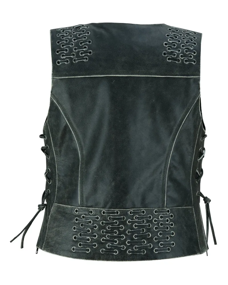 Women's Gray Vest with Grommet and Lacing Accents