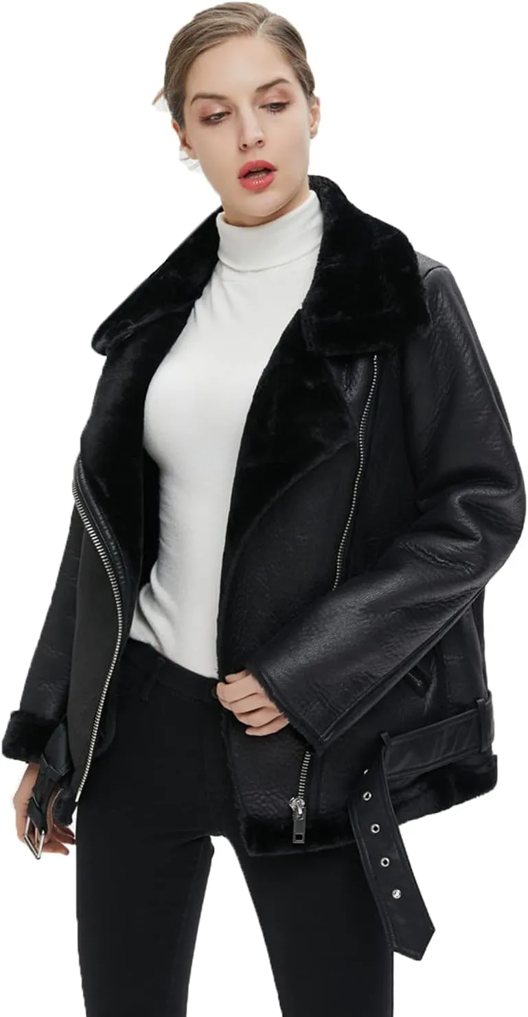 Women's Soft Black Faux Leather Shearing Moto Jacket