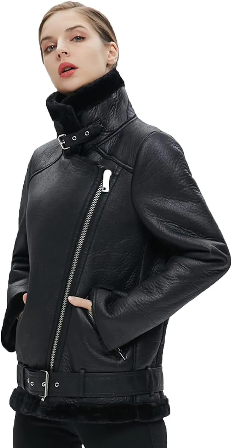 Women's Soft Black Faux Leather Shearing Moto Jacket