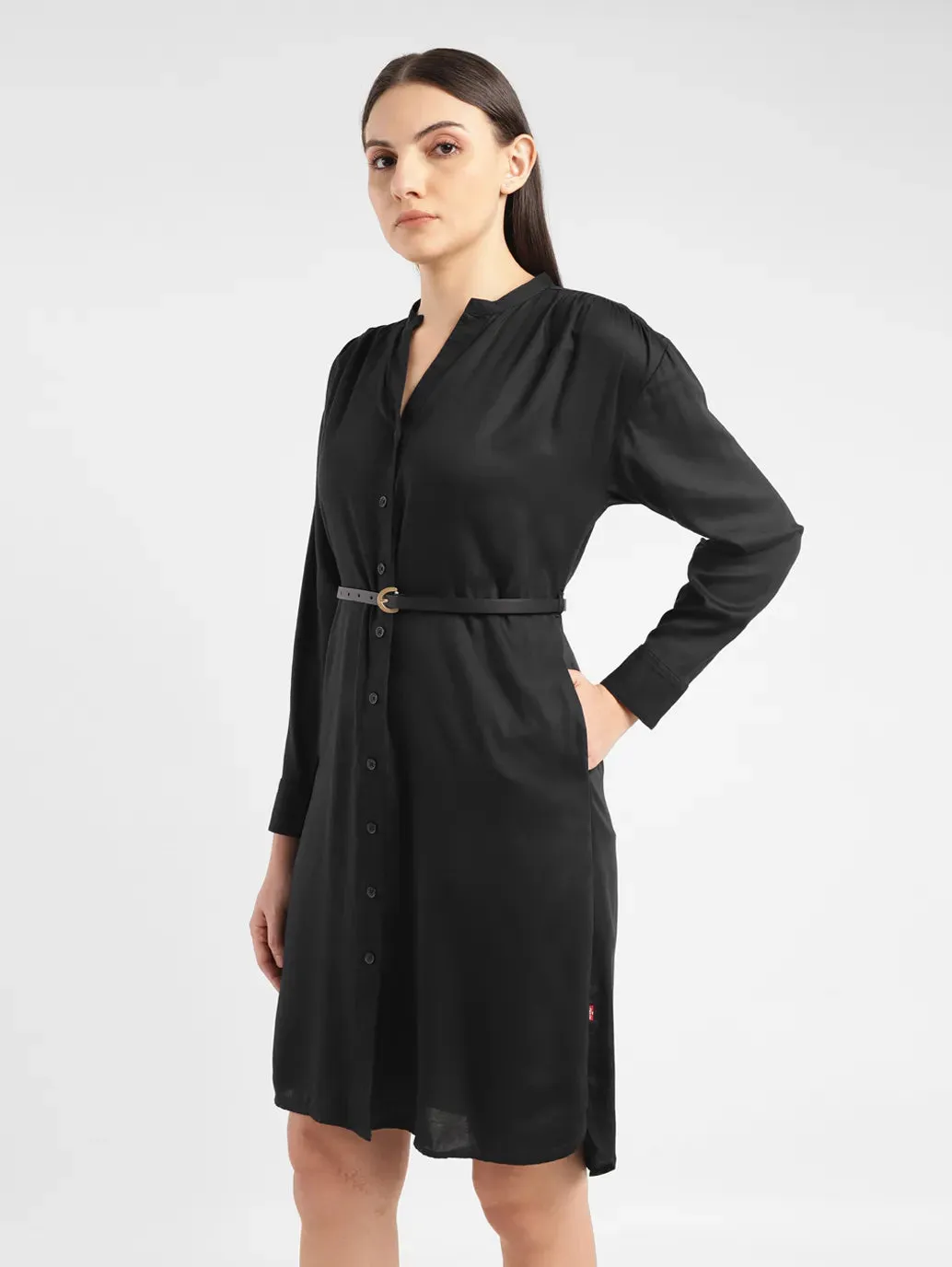 Women's Solid Black Band Neck Dress